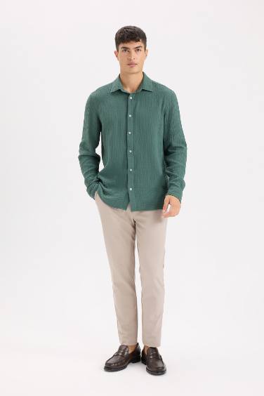 Regular Fit Polo Collar Muslin Long Sleeve Shirt