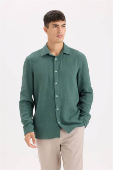 Regular Fit Polo Collar Muslin Long Sleeve Shirt