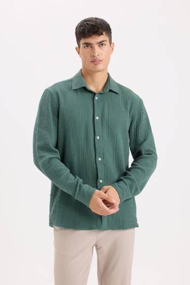 Regular Fit Polo Collar Muslin Long Sleeve Shirt