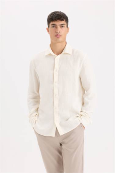 Regular Fit Polo Collar Muslin Long Sleeve Shirt