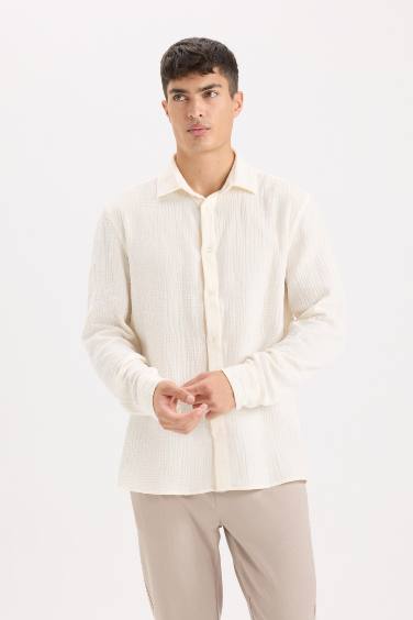 Regular Fit Polo Collar Muslin Long Sleeve Shirt