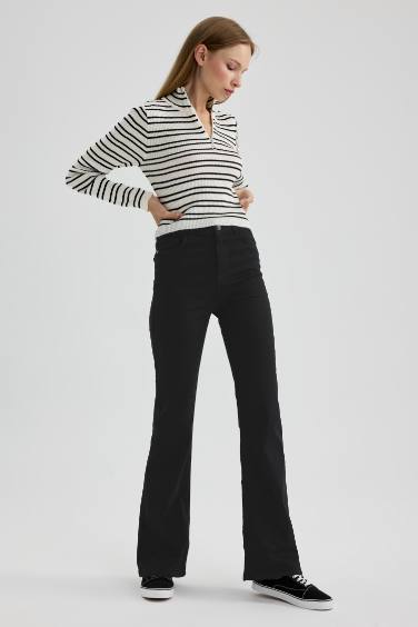 Normal Waist Long Length Gabardine Trousers with Flared Leg Pockets