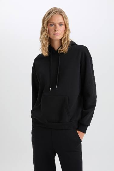 Relax Fit Kapüşonlu Kanguru Cepli Kalın Basic Düz Siyah Sweatshirt