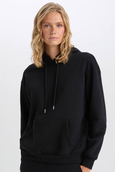 Relax Fit Kapüşonlu Kanguru Cepli Kalın Basic Düz Siyah Sweatshirt