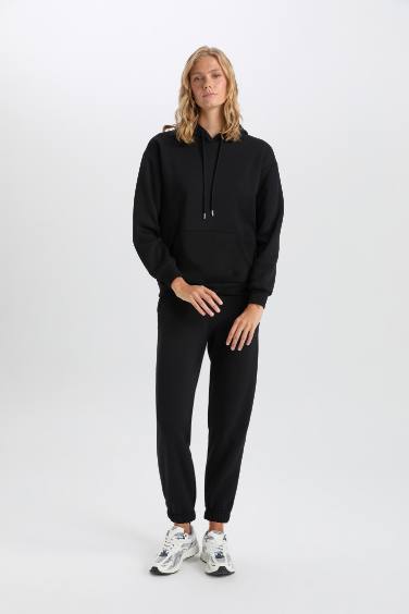 Relax Fit Kapüşonlu Kanguru Cepli Kalın Basic Düz Siyah Sweatshirt