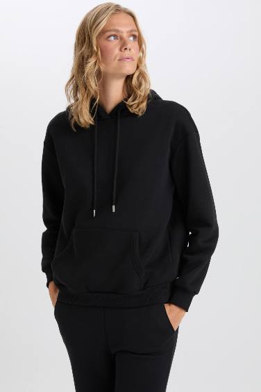 Relax Fit Kapüşonlu Kanguru Cepli Kalın Basic Düz Siyah Sweatshirt