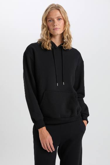 Relax Fit Kapüşonlu Kanguru Cepli Kalın Basic Düz Siyah Sweatshirt