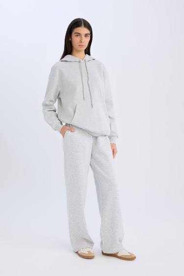Relax Fit Kapüşonlu Kanguru Cepli Kalın Basic Düz Sweatshirt
