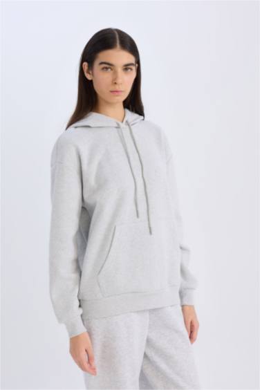 Relax Fit Kapüşonlu Kanguru Cepli Kalın Basic Düz Sweatshirt