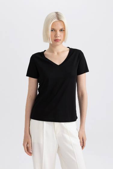 Regular Fit V Neck Basic Short Sleeve T-Shirt