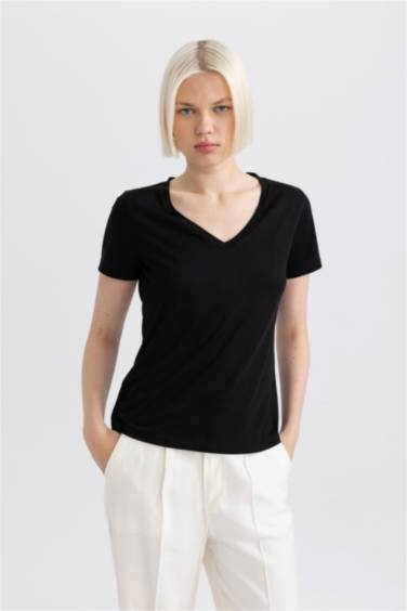 Regular Fit V Neck Basic Short Sleeve T-Shirt