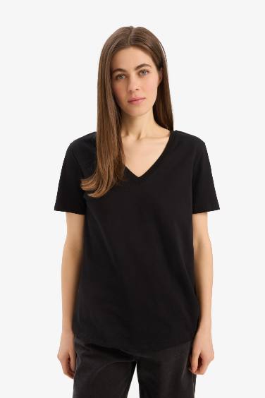 Regular Fit V Neck Cotton Basic  T-Shirt