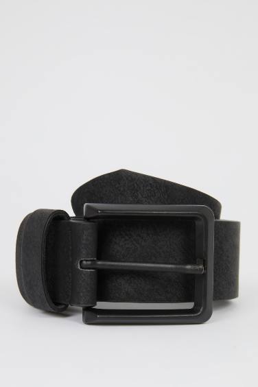 Men Rectangle Buckle Faux Leather Belt