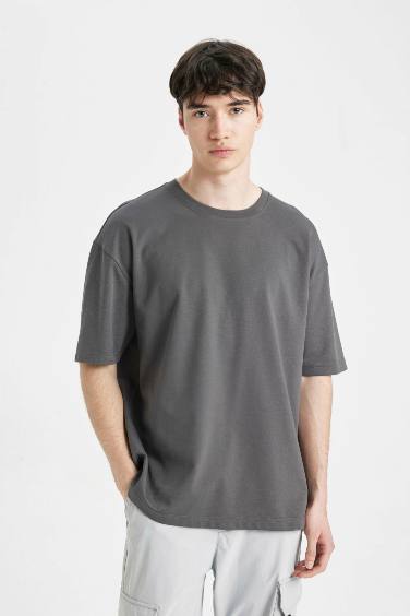 Anthracite Oversize Fit Crew Neck Heavy Fabric Basic T-Shirt