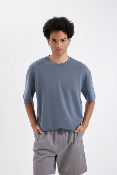 T-shirt Oversize basique Gris en tissu épais à col rond et manches courtes pour Homme