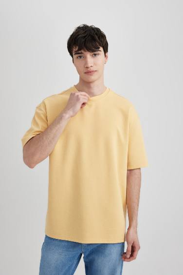 T-Shirt Oversize en Tissu Épais Manches Courtes Col Rond