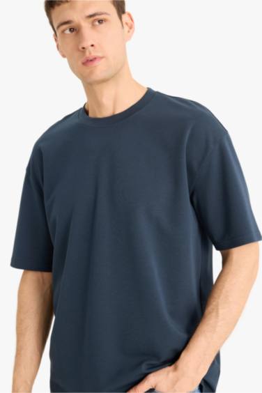 Oversize Geniş Kalıp Bisiklet Yaka Kısa Kollu Basic Düz Ağır Kumaş Tişört