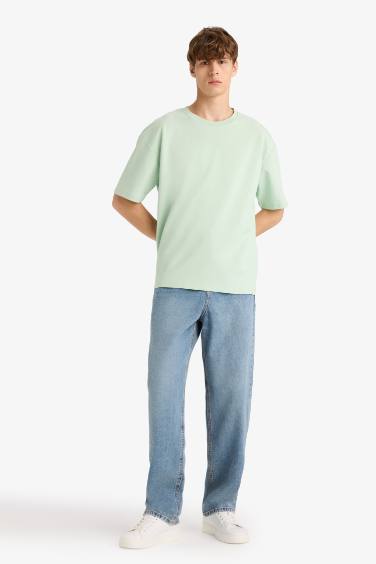 Oversize Geniş Kalıp Ütü Gerektirmeyen Bisiklet Yaka Kısa Kollu Basic Düz Ağır Kumaş Tişört