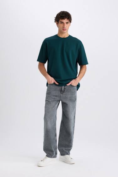 Oversize Geniş Kalıp Ütü Gerektirmeyen Bisiklet Yaka Kısa Kollu Basic Düz Ağır Kumaş Tişört