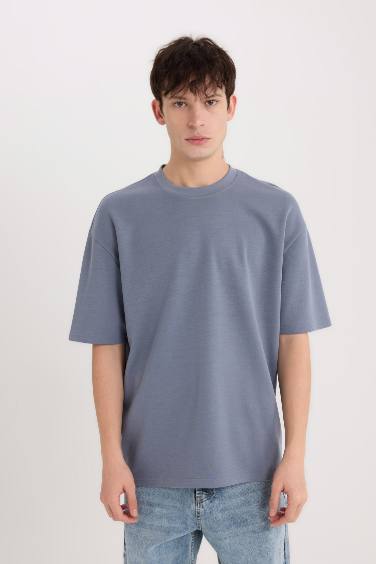 T-shirt Oversize basique Gris en tissu épais à col rond et manches courtes pour Homme