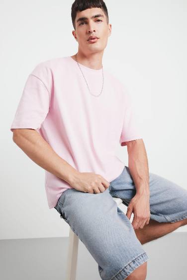 Oversize Geniş Kalıp Ütü Gerektirmeyen Bisiklet Yaka Kısa Kollu Basic Düz Ağır Kumaş Tişört