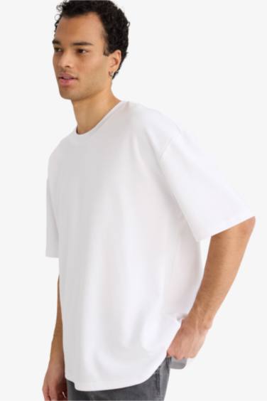 Oversize Geniş Kalıp Bisiklet Yaka Kısa Kollu Basic Düz Ağır Kumaş Tişört