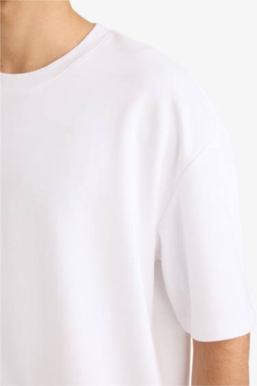 Oversize Geniş Kalıp Bisiklet Yaka Kısa Kollu Basic Düz Ağır Kumaş Tişört