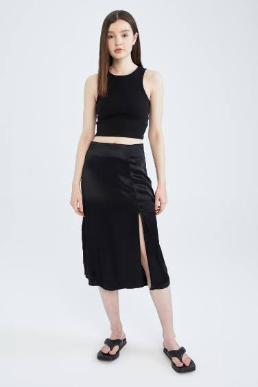 Regular Fit Slit Detailed Viscose Midi Skirt