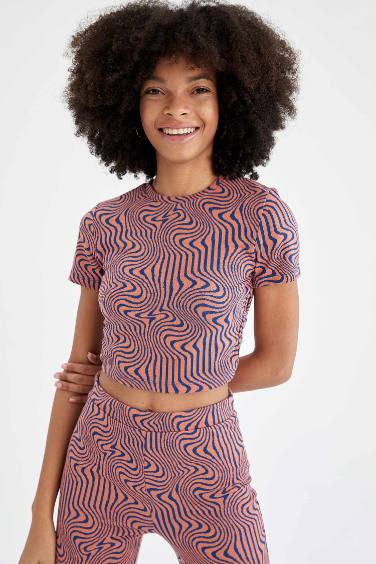 Slim Fit Short Sleeve Colour Block Printed Crop Top