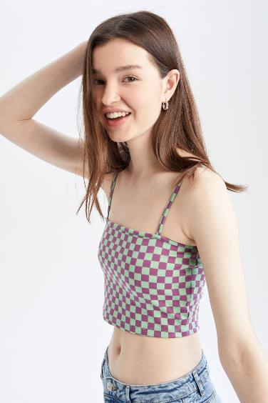 Fitted Square Collar Checkered Patterned Crop Top