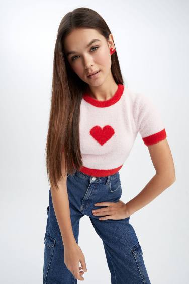 Slim Fit Crew Neck Heart Printed Pullover