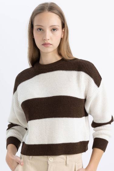 Oversize Fit Crew Neck Striped Pullover