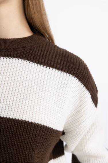 Oversize Geniş Kalıp Bisiklet Yaka Çizgili Triko Kazak