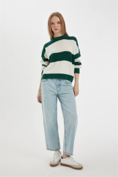 Coool Oversize Geniş Kalıp Bisiklet Yaka Çizgili Triko Kazak