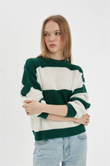 Coool Oversize Geniş Kalıp Bisiklet Yaka Çizgili Triko Kazak