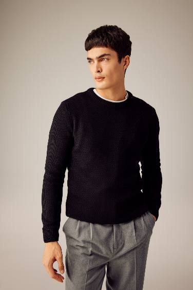 Black Standard Fit Crew Neck Knitted Pullover