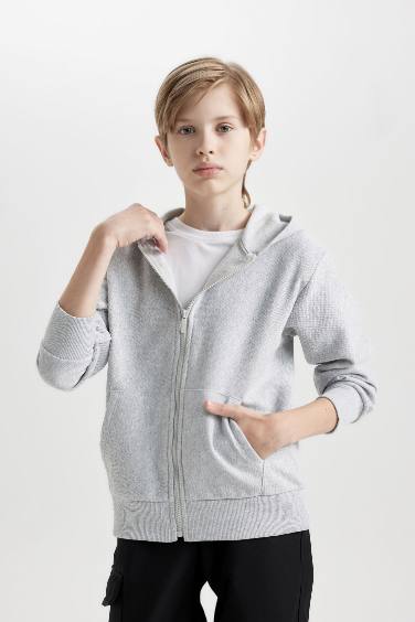 Boy Hooded Zippered Gray Cardigan