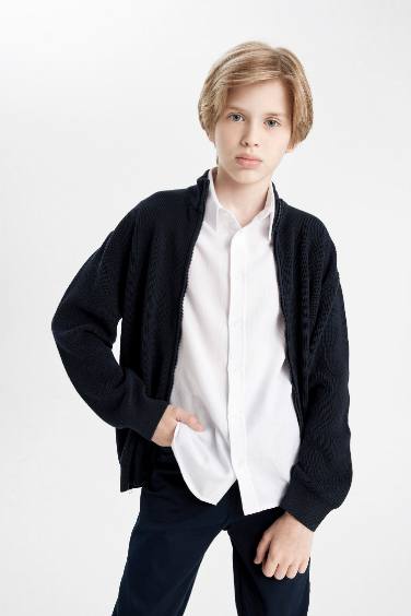 Boy Zippered Navy Blue School Cardigan