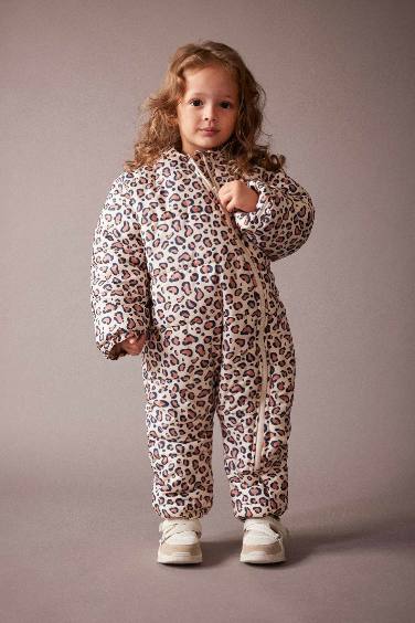 Girl Waterproof Patterned Hooded Puffer Jumpsuit Jacket