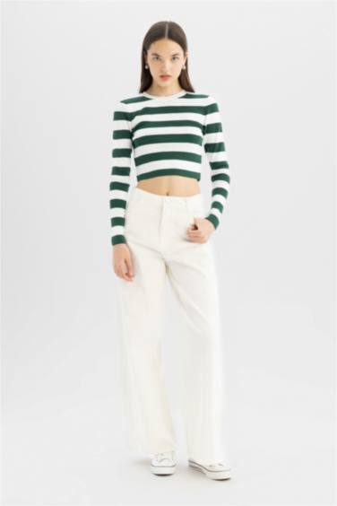 Coool Slim Fit Dar Kesim Çizgili Bisiklet Yaka Triko Kazak