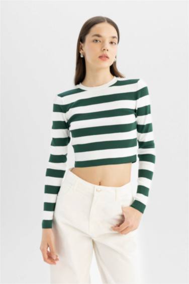 Coool Slim Fit Dar Kesim Çizgili Bisiklet Yaka Triko Kazak