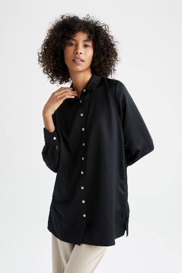 Regular Fit Satin Shirt Collar Long Sleeve Tunic