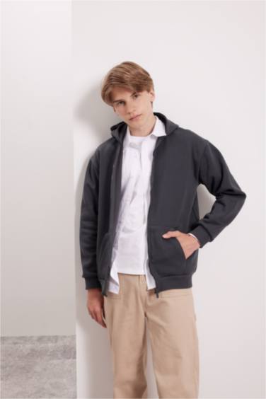 Antrasit Basic Düz Kapüşonlu Fermuarlı Okul Hırkası Erkek Çocuk