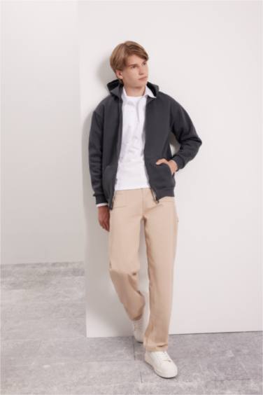 Antrasit Basic Düz Kapüşonlu Fermuarlı Okul Hırkası Erkek Çocuk