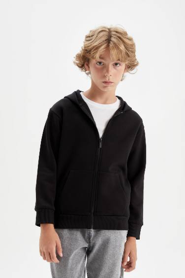 Boy Hooded Black Zippered School Cardigan