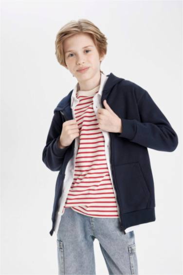 Cardigan Basique bleu marine à capuche avec fermeture éclair pour garçon