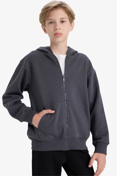 Erkek Çocuk Kapüşonlu Basic Düz Okul Fermuarlı Sweatshirt