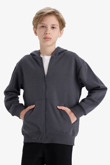 Erkek Çocuk Kapüşonlu Basic Düz Okul Fermuarlı Sweatshirt