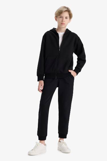 Cardigan à capuche noir basique avec poches à fermeture éclair  pour garçon