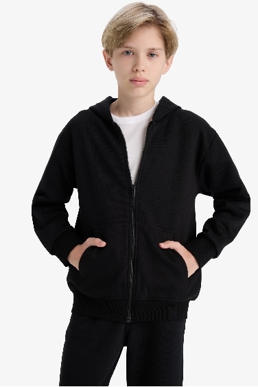 Cardigan à capuche noir basique avec poches à fermeture éclair  pour garçon